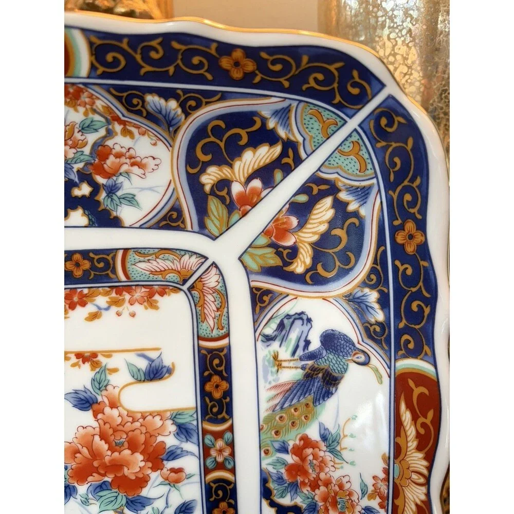 Vintage Japanese Imari Porcelain Platter Square Scalloped Tray Peacock Flowers
